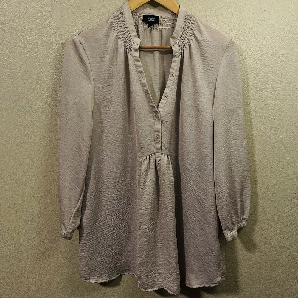 Mossino Blouse Textured‎ Satin Like 3/4 Sleeve Gray Beige Detailed Woman's Sz L